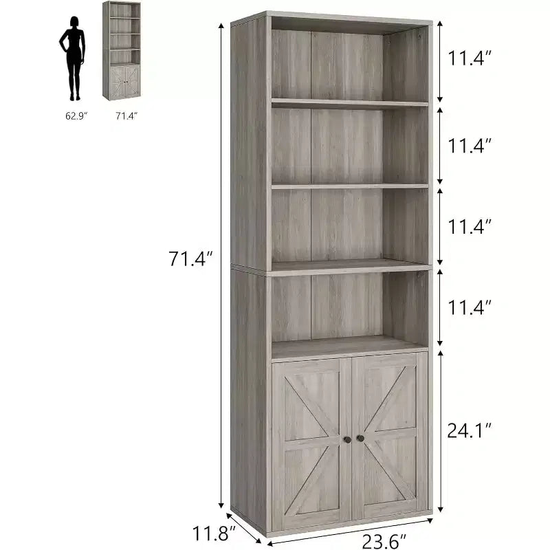 2 estanterías de 181 cm de alto con 6 baldas, estilo rústico con 4 puertas, para sala de estar y oficina en casa, fácil montaje