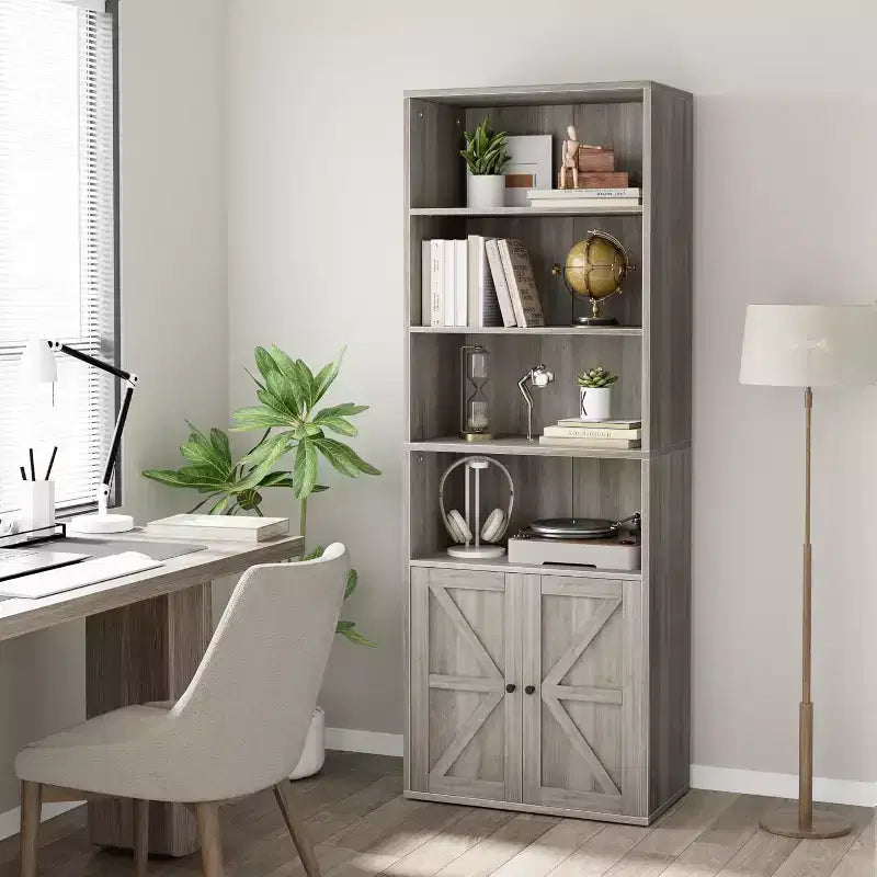 2 estanterías de 181 cm de alto con 6 baldas, estilo rústico con 4 puertas, para sala de estar y oficina en casa, fácil montaje