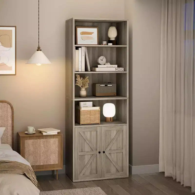 2 estanterías de 181 cm de alto con 6 baldas, estilo rústico con 4 puertas, para sala de estar y oficina en casa, fácil montaje