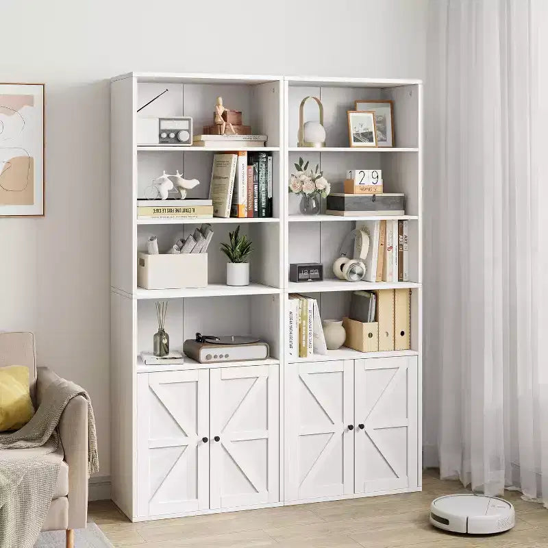 2 estanterías de 181 cm de alto con 6 baldas, estilo rústico con 4 puertas, para sala de estar y oficina en casa, fácil montaje