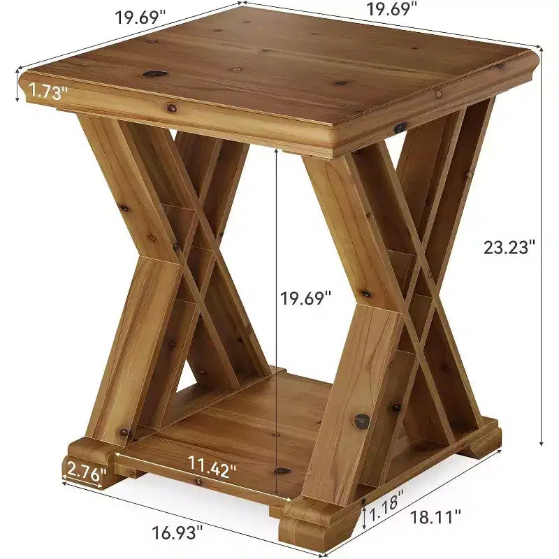 Mesa auxiliar de madera maciza Lantine, mesita auxiliar cuadrada pequeña, mesita de noche de granja de 2 niveles para sala de estar, junto a la cama, sofá, dormitorio, espacios pequeños, marrón