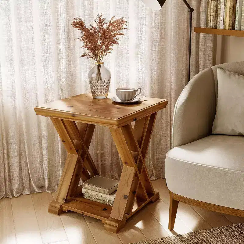 Mesa auxiliar de madera maciza Lantine, mesita auxiliar cuadrada pequeña, mesita de noche de granja de 2 niveles para sala de estar, junto a la cama, sofá, dormitorio, espacios pequeños, marrón