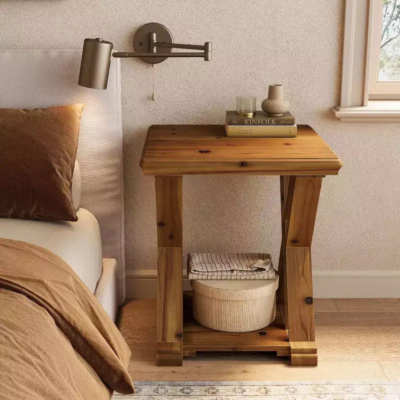 Mesa auxiliar de madera maciza Lantine, mesita auxiliar cuadrada pequeña, mesita de noche de granja de 2 niveles para sala de estar, junto a la cama, sofá, dormitorio, espacios pequeños, marrón