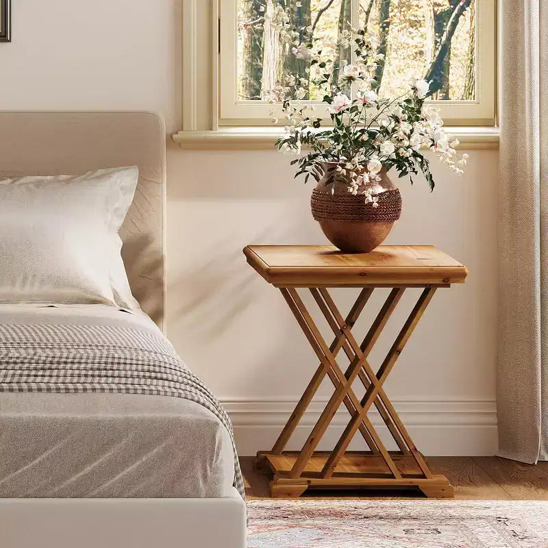Mesa auxiliar de madera maciza Lantine, mesita auxiliar cuadrada pequeña, mesita de noche de granja de 2 niveles para sala de estar, junto a la cama, sofá, dormitorio, espacios pequeños, marrón