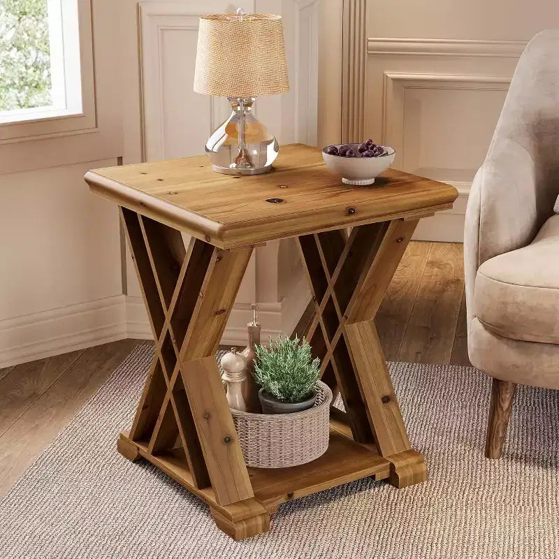 Mesa auxiliar de madera maciza Lantine, mesita auxiliar cuadrada pequeña, mesita de noche de granja de 2 niveles para sala de estar, junto a la cama, sofá, dormitorio, espacios pequeños, marrón