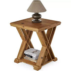 Mesa auxiliar de madera maciza Lantine, mesita auxiliar cuadrada pequeña, mesita de noche de granja de 2 niveles para sala de estar, junto a la cama, sofá, dormitorio, espacios pequeños, marrón