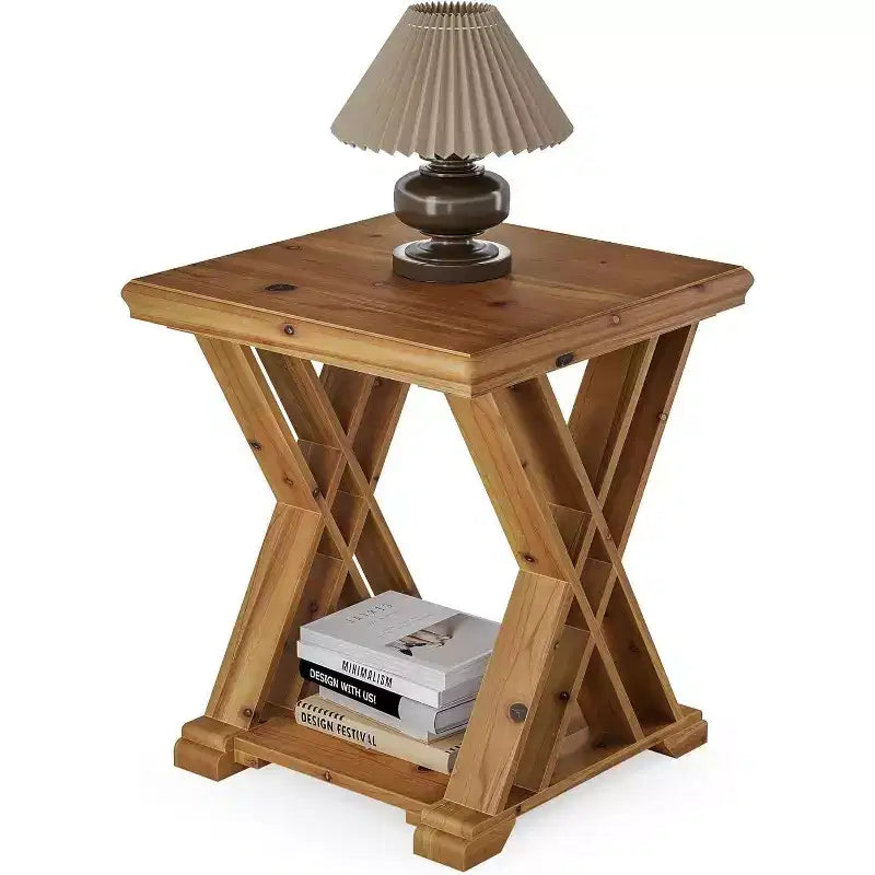 Mesa auxiliar de madera maciza Lantine, mesita auxiliar cuadrada pequeña, mesita de noche de granja de 2 niveles para sala de estar, junto a la cama, sofá, dormitorio, espacios pequeños, marrón