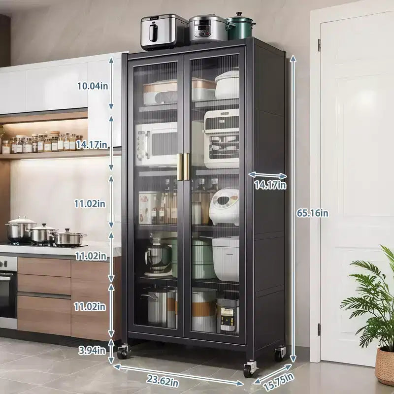 67.3 Armario de Almacenamiento para Despensa de Cocina con Puerta de Vidrio Acrílico, Estantes Ajustables y Ruedas, Armarios Altos de Metal para Alimentos, para Cocina