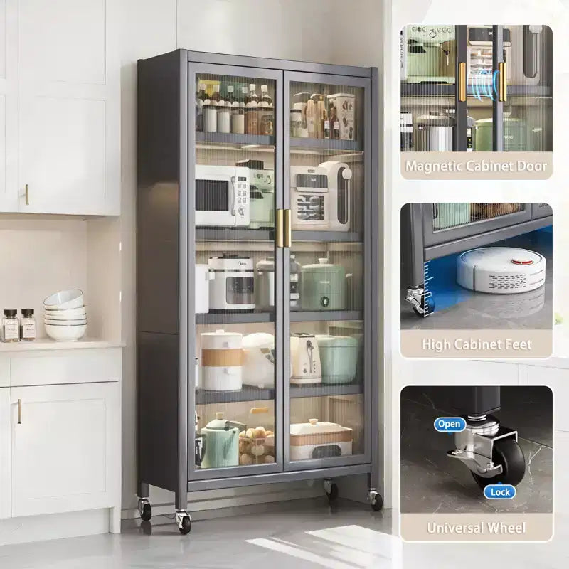 67.3 Armario de Almacenamiento para Despensa de Cocina con Puerta de Vidrio Acrílico, Estantes Ajustables y Ruedas, Armarios Altos de Metal para Alimentos, para Cocina