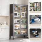 67.3 Armario de Almacenamiento para Despensa de Cocina con Puerta de Vidrio Acrílico, Estantes Ajustables y Ruedas, Armarios Altos de Metal para Alimentos, para Cocina