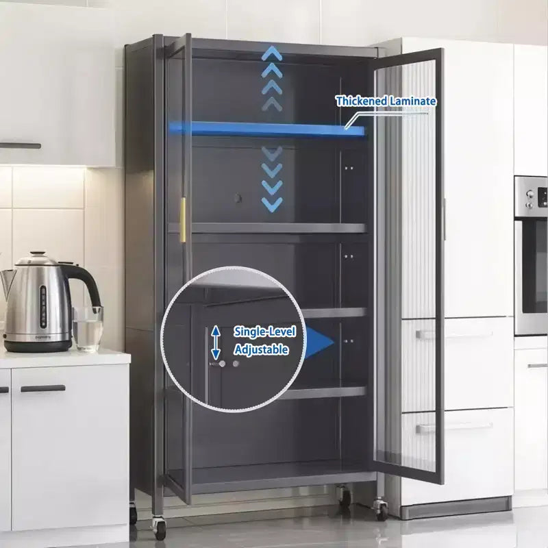 67.3 Armario de Almacenamiento para Despensa de Cocina con Puerta de Vidrio Acrílico, Estantes Ajustables y Ruedas, Armarios Altos de Metal para Alimentos, para Cocina