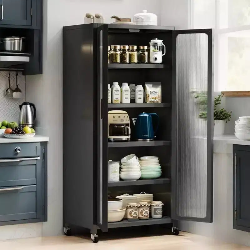 67.3 Armario de Almacenamiento para Despensa de Cocina con Puerta de Vidrio Acrílico, Estantes Ajustables y Ruedas, Armarios Altos de Metal para Alimentos, para Cocina