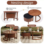Mesa de centro redonda anidable, estilo retro con ranuras y cajón, para dormitorio, sala de estar, comedor