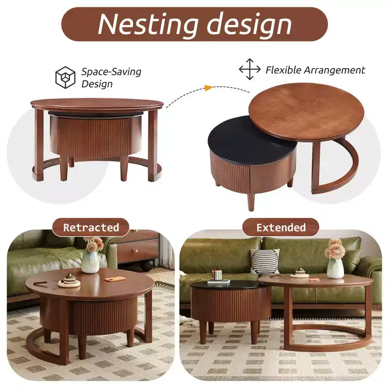Mesa de centro redonda anidable, estilo retro con ranuras y cajón, para dormitorio, sala de estar, comedor
