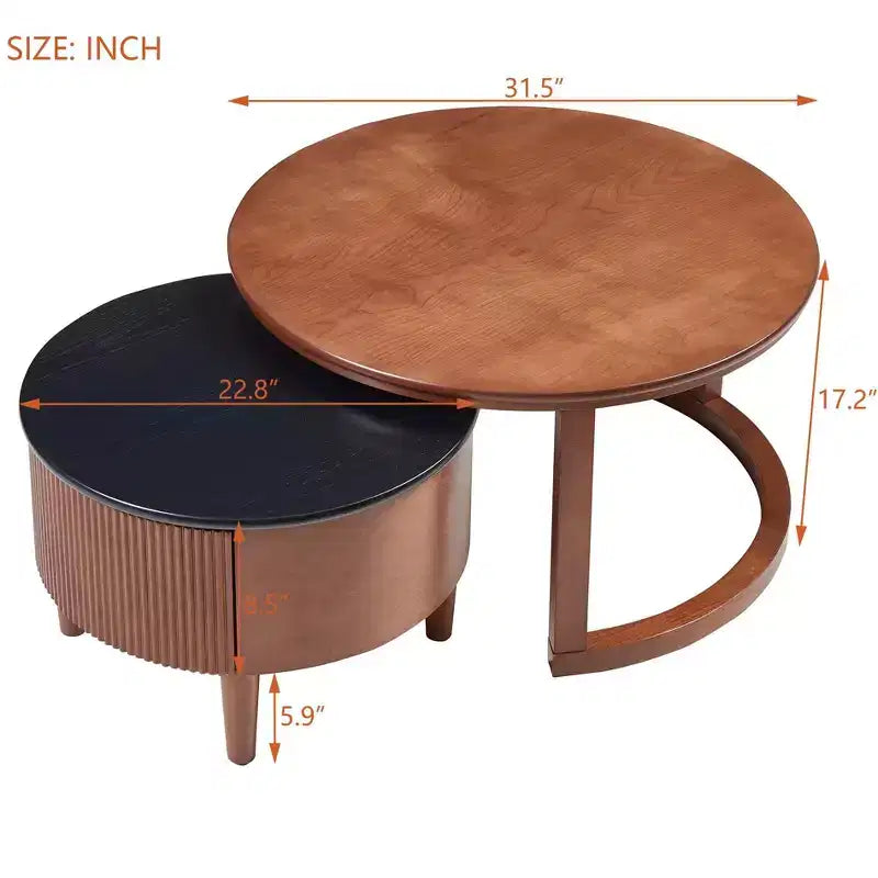 Mesa de centro redonda anidable, estilo retro con ranuras y cajón, para dormitorio, sala de estar, comedor