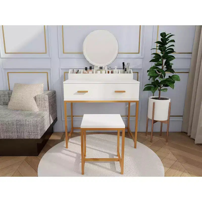 Tocador Okak Modern Girls con patas de metal y espejo redondo, Tocador de maquillaje con taburete acolchado, Mesa de maquillaje para dormitorio pequeño, Blanco antiguo