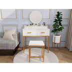 Tocador Okak Modern Girls con patas de metal y espejo redondo, Tocador de maquillaje con taburete acolchado, Mesa de maquillaje para dormitorio pequeño, Blanco antiguo