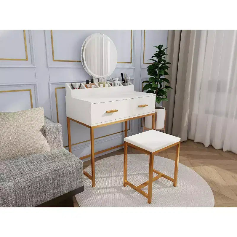 Tocador Okak Modern Girls con patas de metal y espejo redondo, Tocador de maquillaje con taburete acolchado, Mesa de maquillaje para dormitorio pequeño, Blanco antiguo