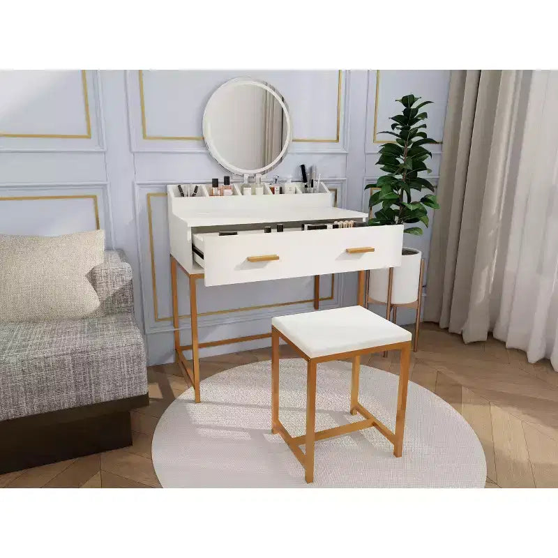 Tocador Okak Modern Girls con patas de metal y espejo redondo, Tocador de maquillaje con taburete acolchado, Mesa de maquillaje para dormitorio pequeño, Blanco antiguo