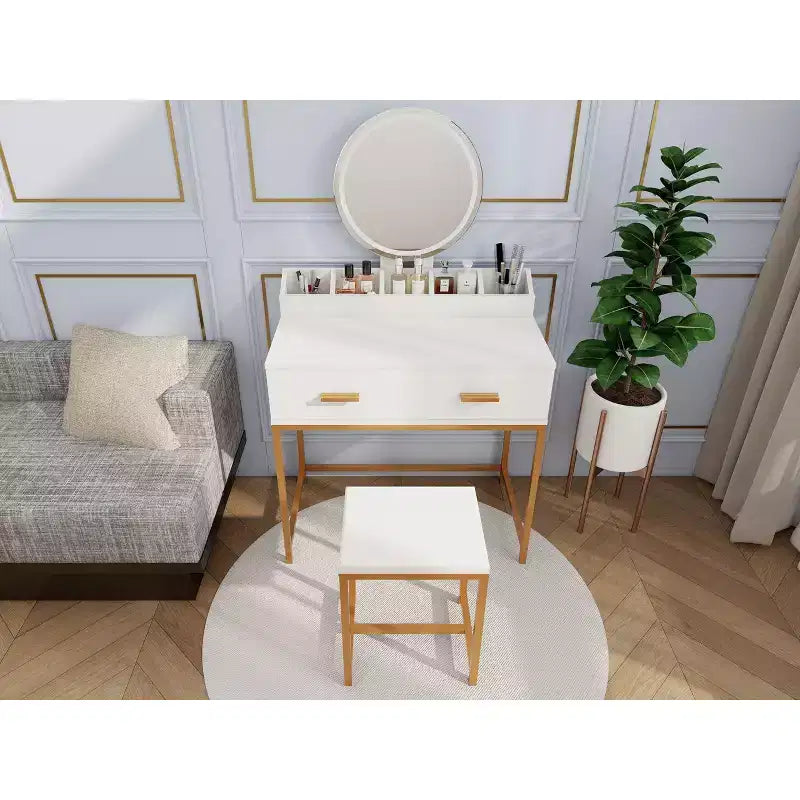 Tocador Okak Modern Girls con patas de metal y espejo redondo, Tocador de maquillaje con taburete acolchado, Mesa de maquillaje para dormitorio pequeño, Blanco antiguo