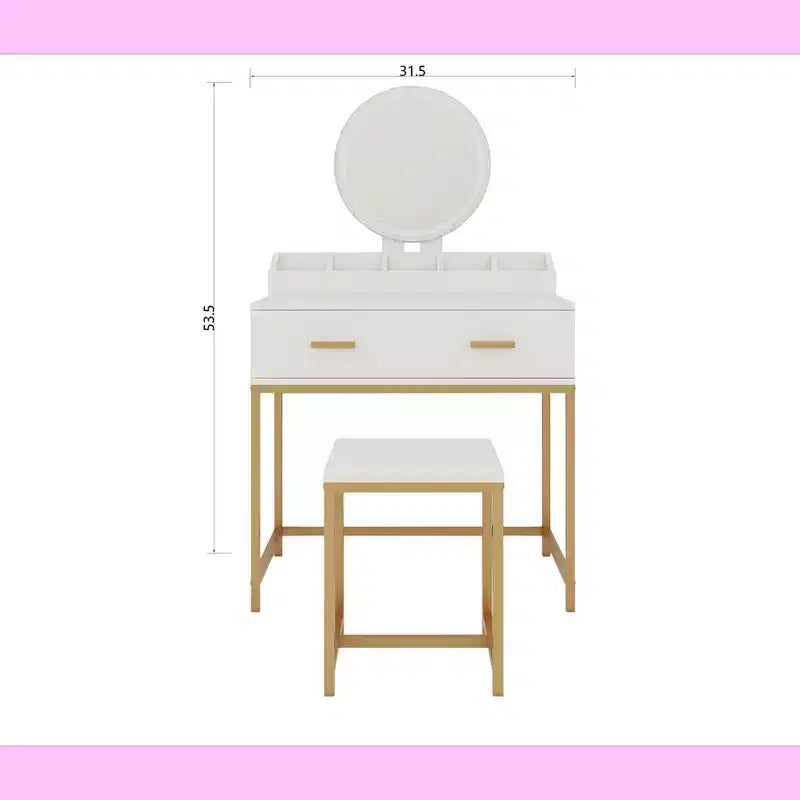 Tocador Okak Modern Girls con patas de metal y espejo redondo, Tocador de maquillaje con taburete acolchado, Mesa de maquillaje para dormitorio pequeño, Blanco antiguo