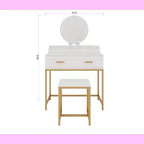 Tocador Okak Modern Girls con patas de metal y espejo redondo, Tocador de maquillaje con taburete acolchado, Mesa de maquillaje para dormitorio pequeño, Blanco antiguo