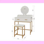 Tocador Okak Modern Girls con patas de metal y espejo redondo, Tocador de maquillaje con taburete acolchado, Mesa de maquillaje para dormitorio pequeño, Blanco antiguo