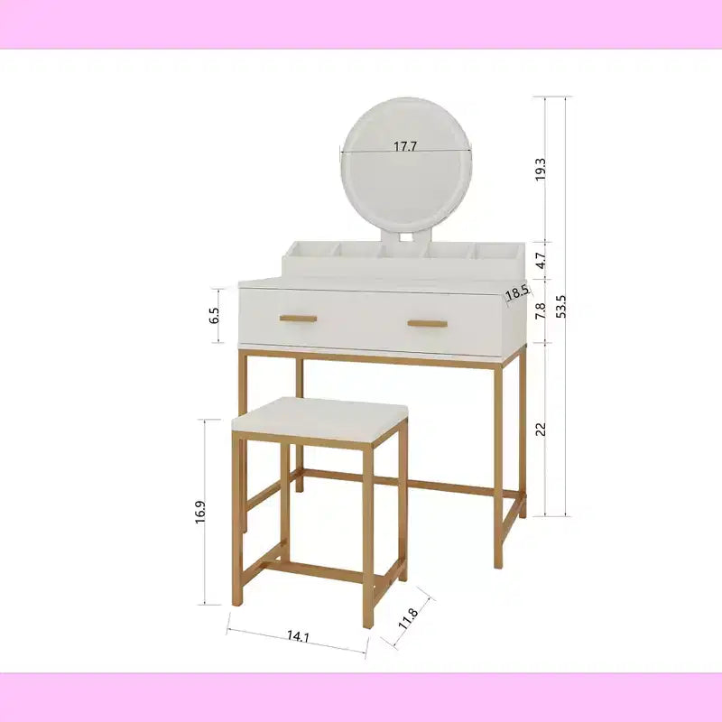 Tocador Okak Modern Girls con patas de metal y espejo redondo, Tocador de maquillaje con taburete acolchado, Mesa de maquillaje para dormitorio pequeño, Blanco antiguo