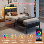 Base de cama de plataforma tapizada tamaño Twin, luces LED, estación de carga, estantes de almacenamiento de 2 niveles, cabecero de metal gris, no requiere somier, para videojuegos o dormitorio