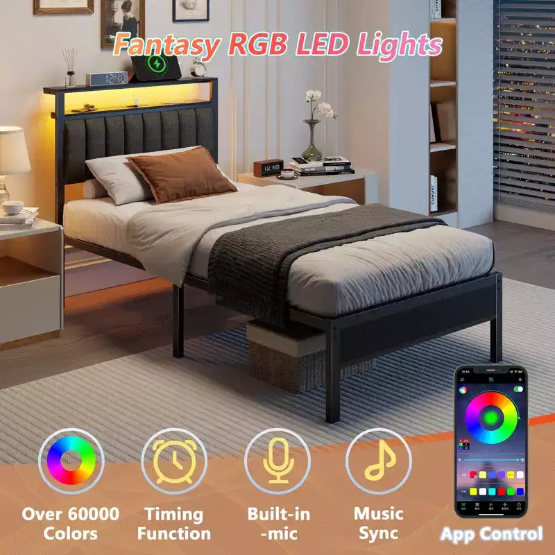 Base de cama de plataforma tapizada tamaño Twin, luces LED, estación de carga, estantes de almacenamiento de 2 niveles, cabecero de metal gris, no requiere somier, para videojuegos o dormitorio