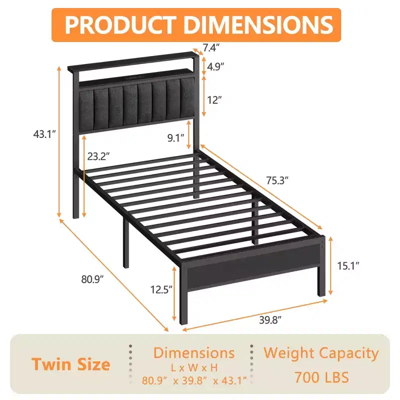 Base de cama de plataforma tapizada tamaño Twin, luces LED, estación de carga, estantes de almacenamiento de 2 niveles, cabecero de metal gris, no requiere somier, para videojuegos o dormitorio