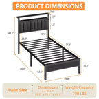Base de cama de plataforma tapizada tamaño Twin, luces LED, estación de carga, estantes de almacenamiento de 2 niveles, cabecero de metal gris, no requiere somier, para videojuegos o dormitorio