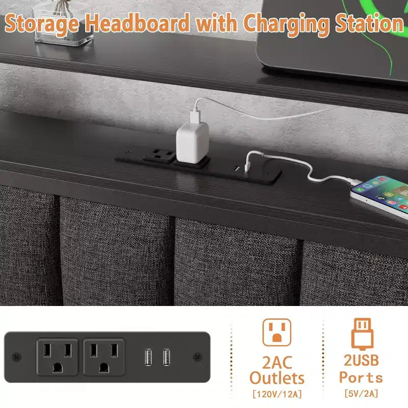 Base de cama de plataforma tapizada tamaño Twin, luces LED, estación de carga, estantes de almacenamiento de 2 niveles, cabecero de metal gris, no requiere somier, para videojuegos o dormitorio