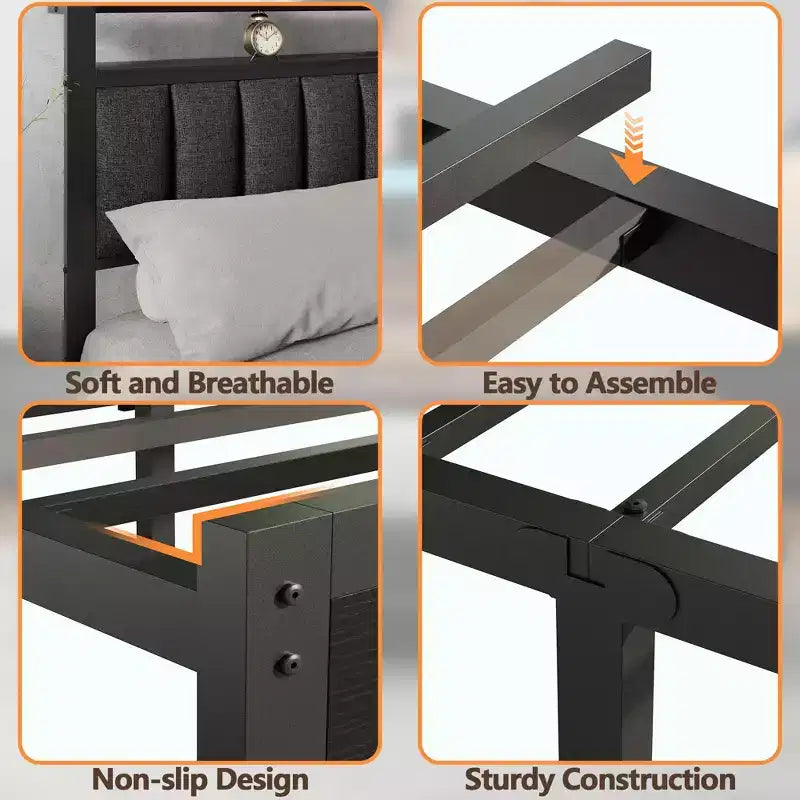 Base de cama de plataforma tapizada tamaño Twin, luces LED, estación de carga, estantes de almacenamiento de 2 niveles, cabecero de metal gris, no requiere somier, para videojuegos o dormitorio