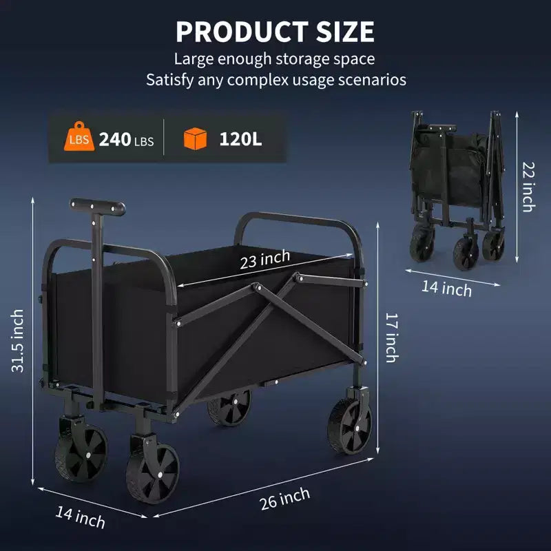 Carro utilitario plegable con ruedas todo terreno y manija ajustable - 108 kg de capacidad para compras, camping y jardín - Negro