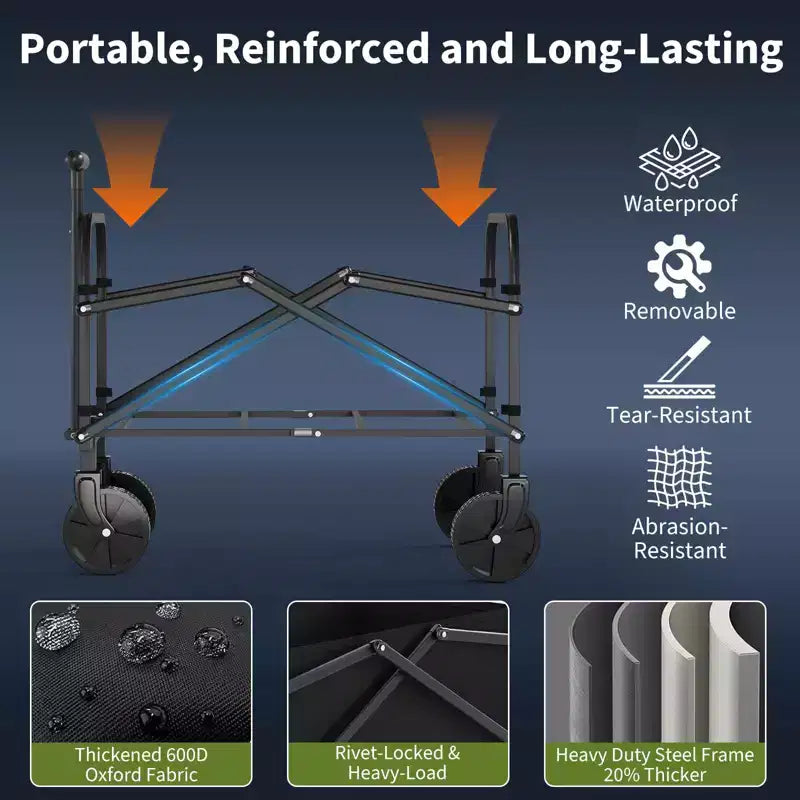 Carro utilitario plegable con ruedas todo terreno y manija ajustable - 108 kg de capacidad para compras, camping y jardín - Negro