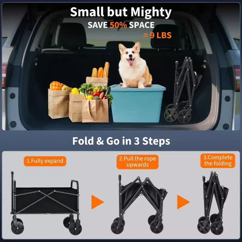Carro utilitario plegable con ruedas todo terreno y manija ajustable - 108 kg de capacidad para compras, camping y jardín - Negro