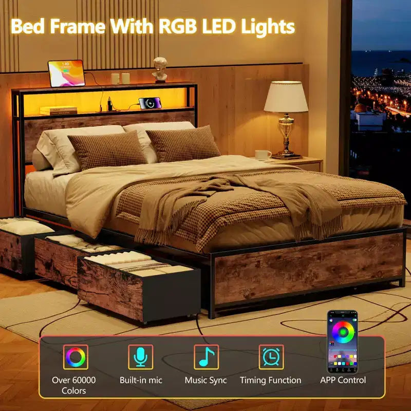 Estructura de Cama Industrial Tamaño Matrimonial 6 Cajones de Almacenamiento Luces LED Estación de C Carga Cabecero con Estantería de 2 Niveles Metal Resistente No Necesita Somier