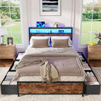 Estructura de Cama Industrial Tamaño Matrimonial 6 Cajones de Almacenamiento Luces LED Estación de C Carga Cabecero con Estantería de 2 Niveles Metal Resistente No Necesita Somier