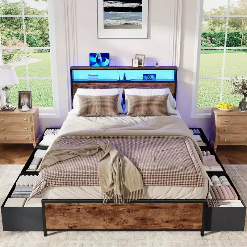 Estructura de Cama Industrial Tamaño Matrimonial 6 Cajones de Almacenamiento Luces LED Estación de C Carga Cabecero con Estantería de 2 Niveles Metal Resistente No Necesita Somier