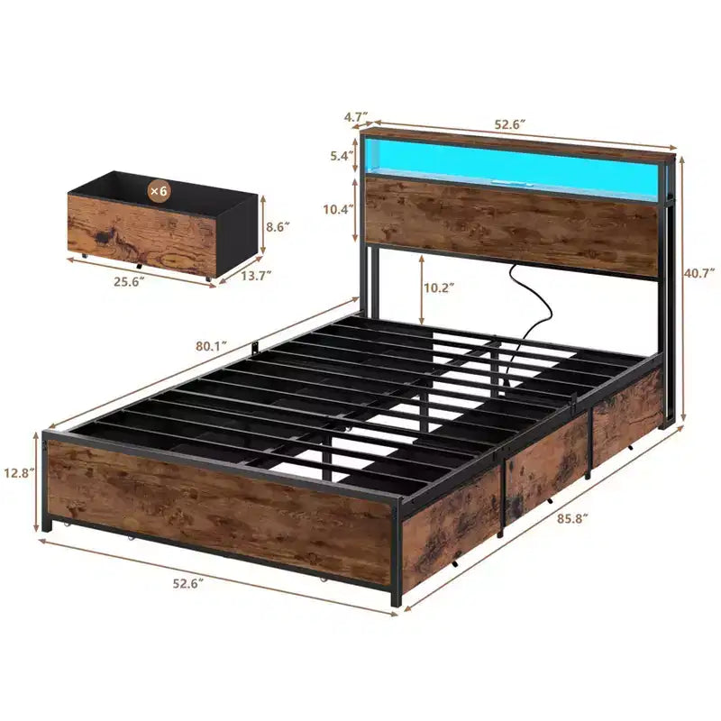 Estructura de Cama Industrial Tamaño Matrimonial 6 Cajones de Almacenamiento Luces LED Estación de C Carga Cabecero con Estantería de 2 Niveles Metal Resistente No Necesita Somier