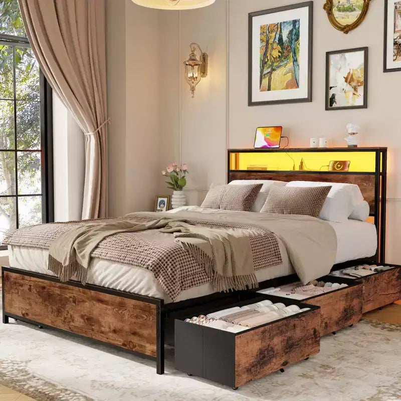 Estructura de Cama Industrial Tamaño Matrimonial 6 Cajones de Almacenamiento Luces LED Estación de C Carga Cabecero con Estantería de 2 Niveles Metal Resistente No Necesita Somier