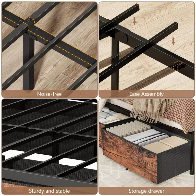 Estructura de Cama Industrial Tamaño Matrimonial 6 Cajones de Almacenamiento Luces LED Estación de C Carga Cabecero con Estantería de 2 Niveles Metal Resistente No Necesita Somier