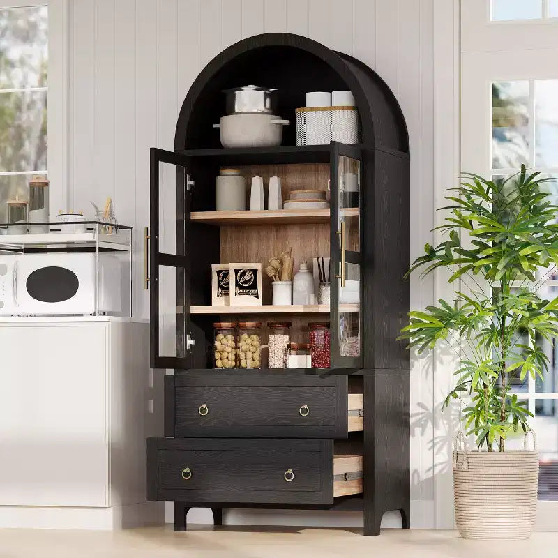 sumyeg Alacena de Cocina Alta de 71 Pulgadas con Arcos y Puertas de Vidrio, Estantes Ajustables y 2 Cajones Grandes
