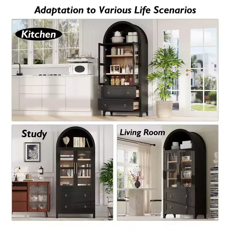 sumyeg Alacena de Cocina Alta de 71 Pulgadas con Arcos y Puertas de Vidrio, Estantes Ajustables y 2 Cajones Grandes