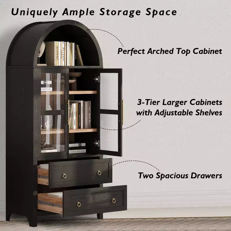 sumyeg Alacena de Cocina Alta de 71 Pulgadas con Arcos y Puertas de Vidrio, Estantes Ajustables y 2 Cajones Grandes