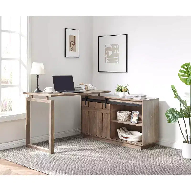 TUYOHW Escritorio en forma de L de 47,25 pulgadas, estación de trabajo con credenza con puerta corrediza tipo granero, escritorio de oficina en casa reversible, estación de trabajo flotante con parte trasera acabada