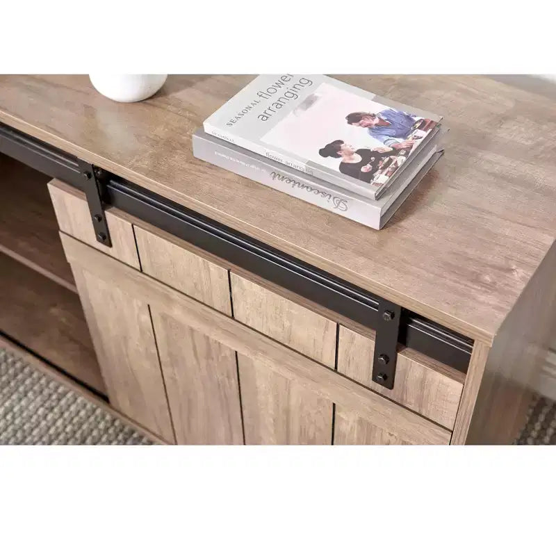 TUYOHW Escritorio en forma de L de 47,25 pulgadas, estación de trabajo con credenza con puerta corrediza tipo granero, escritorio de oficina en casa reversible, estación de trabajo flotante con parte trasera acabada