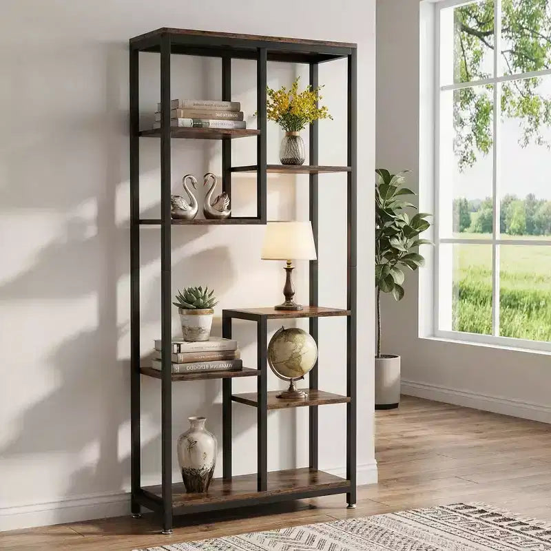 Estantería industrial escalonada MAYEERTY de 8 niveles, grano de madera vintage y estantería con estructura de metal negro