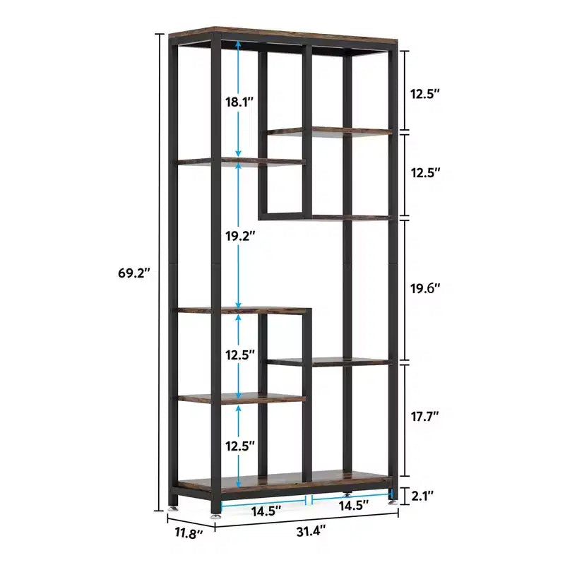 Estantería industrial escalonada MAYEERTY de 8 niveles, grano de madera vintage y estantería con estructura de metal negro